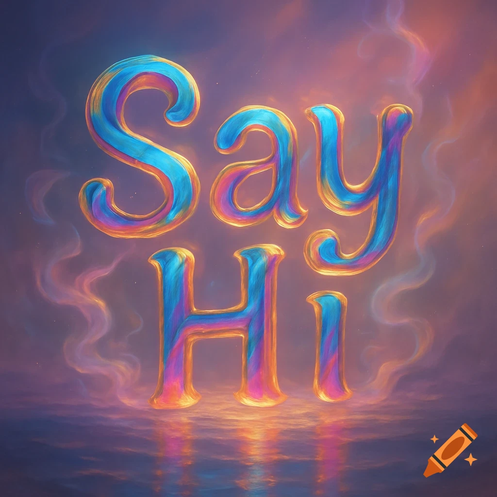 Colorful, glowing 3D text spelling 'Say Hi' against a purple and orange cloudy background with reflections.