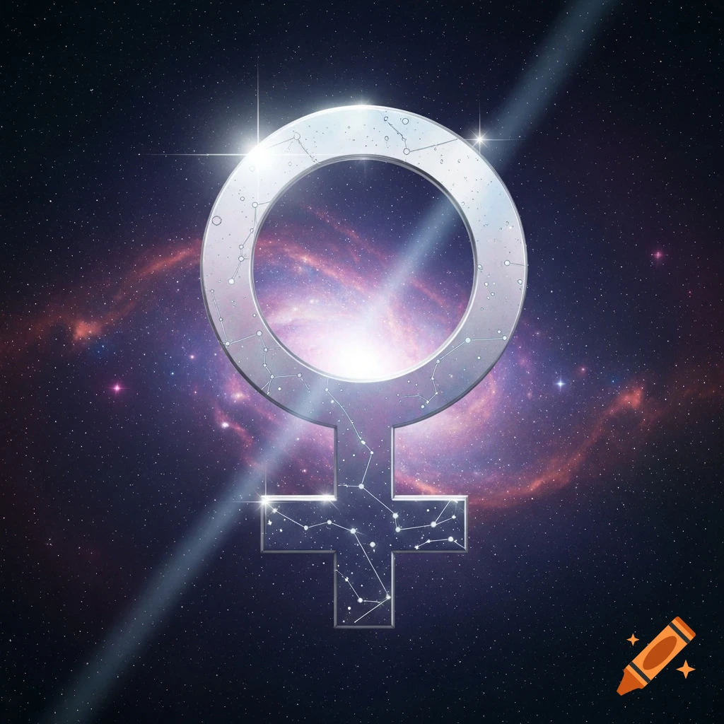 A glowing, metallic female symbol with constellations inside, set against a vibrant purple and blue cosmic nebula with stars.