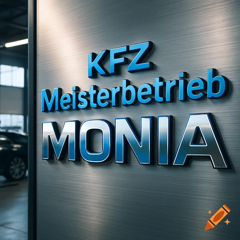 A metallic sign with blue and silver 3D text 'KFZ Meisterbetrieb MONIA' inside a blurry car garage.