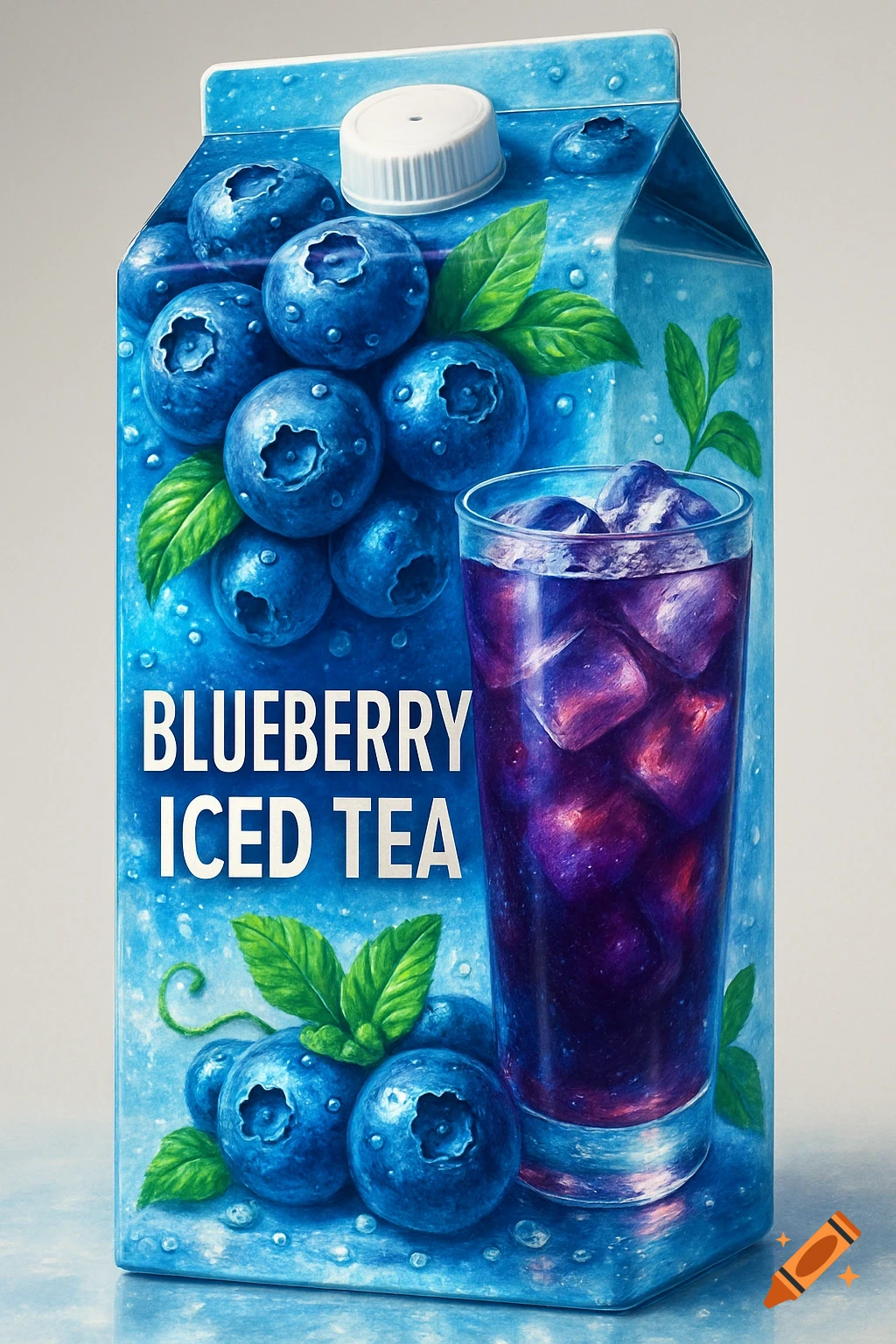 Blueberry iced tea carton design featuring fresh blueberries, a glass of purple iced tea, and white text on a blue background.