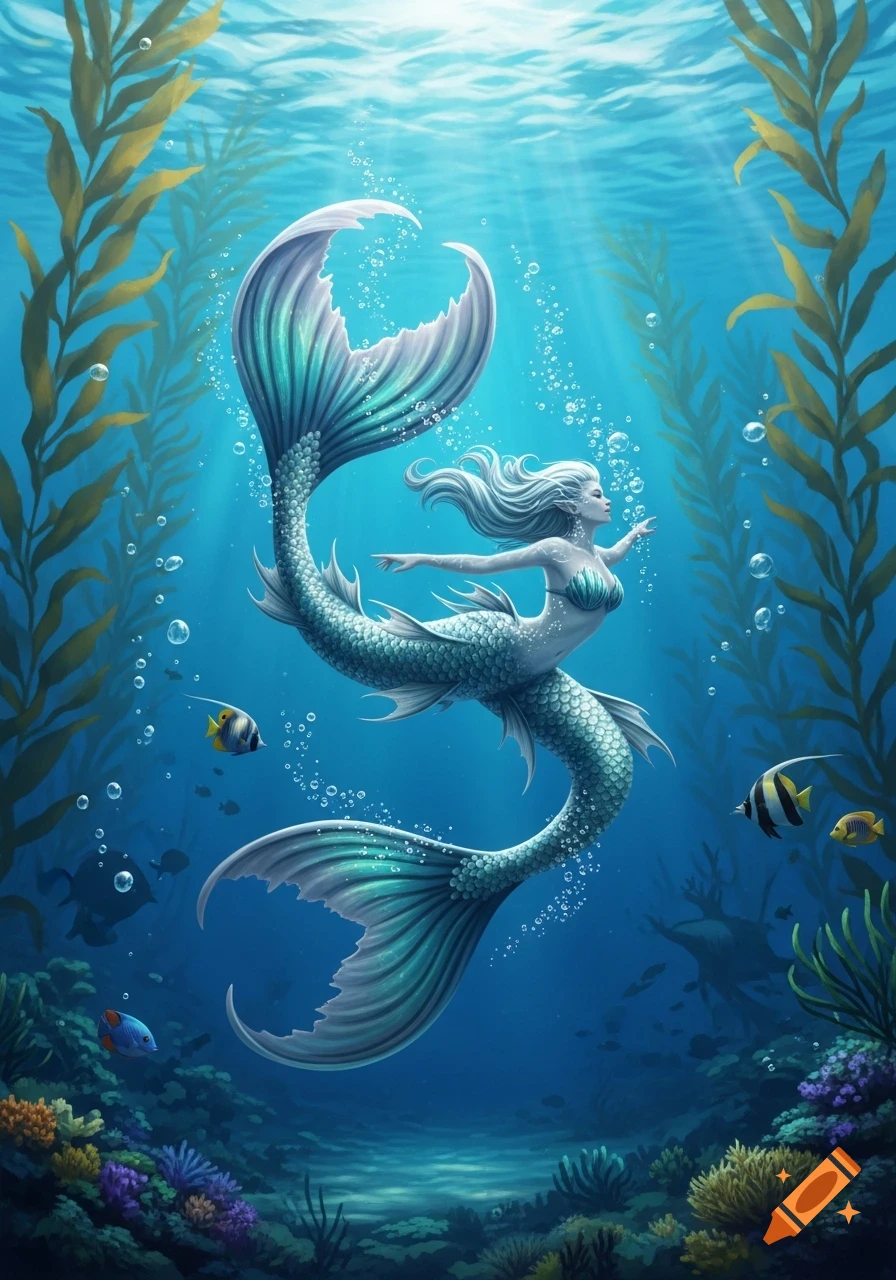 An ethereal mermaid with long white hair and a shimmering blue-green scale tail swims gracefully underwater amidst kelp, fish, and colorful coral.