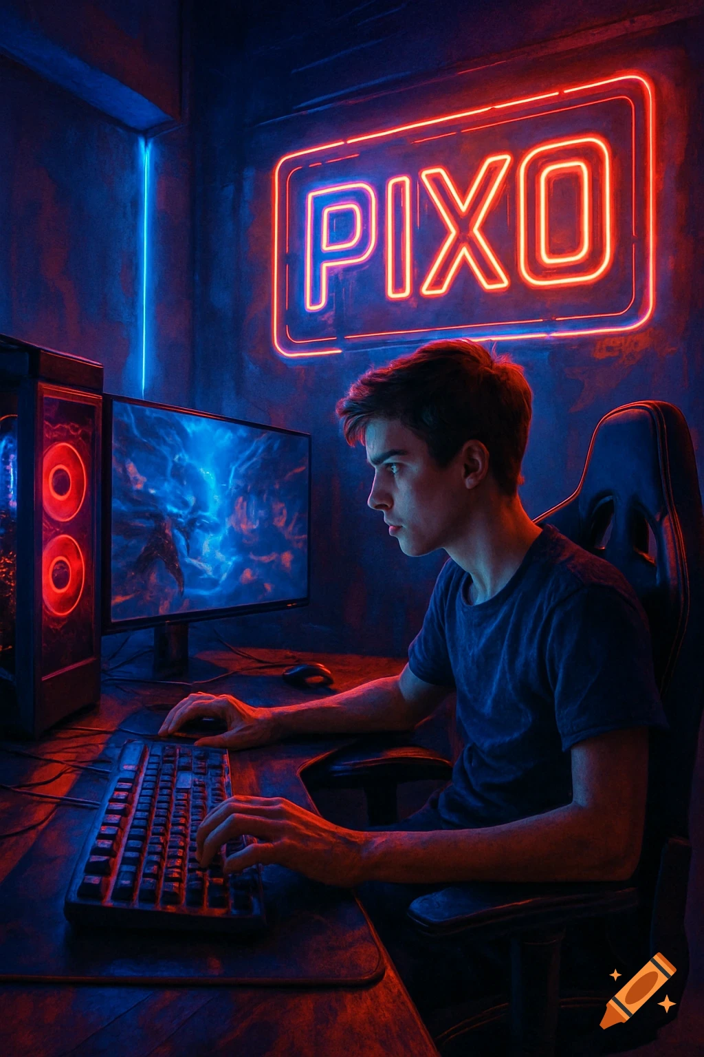 A young man intently plays video games at a computer setup with glowing red and blue lights, a neon 'PIXO' sign on the wall.