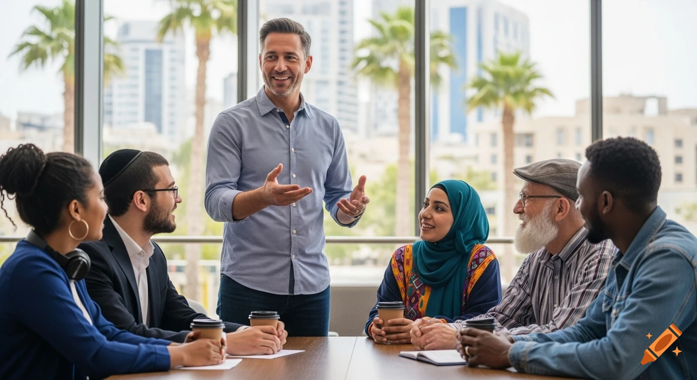 A diverse group of people in a modern office lounge listening attentively to a man speaking and gesturing, with an urban background.