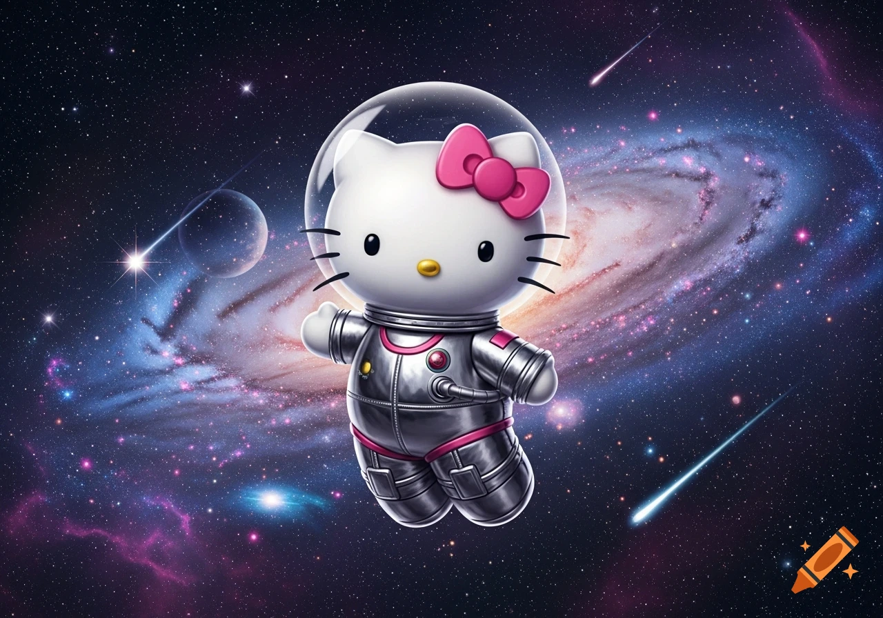 Hello Kitty in a shiny silver and pink astronaut suit floats in deep space with a colorful galaxy, planets, and shooting stars.