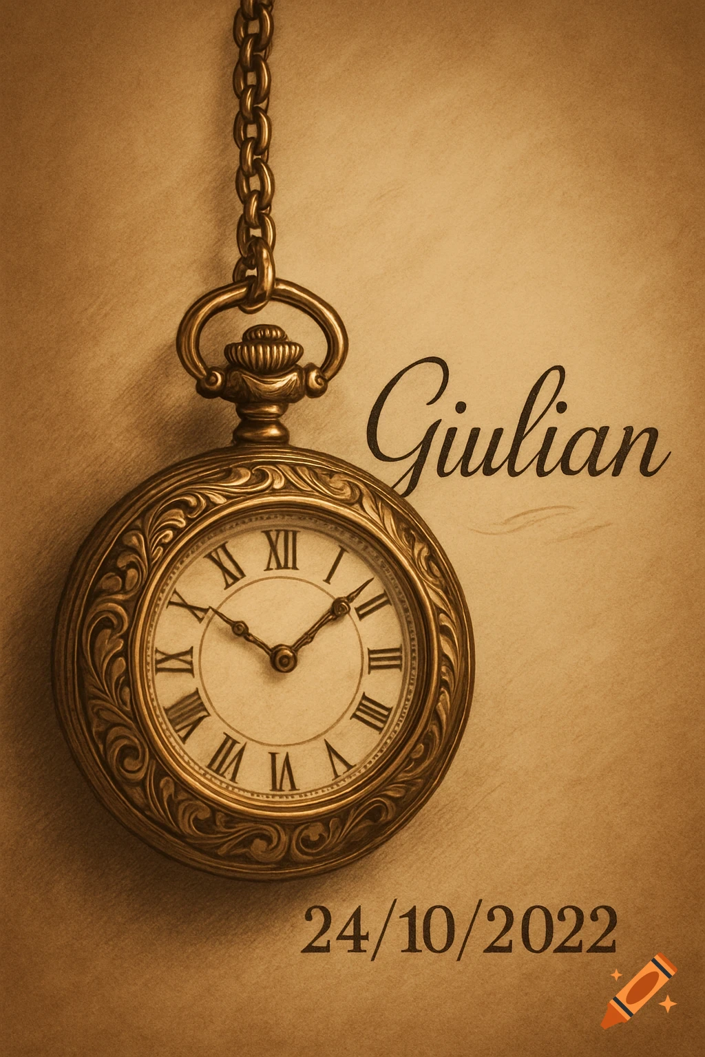 An ornate gold pocket watch with a chain, Roman numerals on the face, and the name 'Giulian' with the date '24/10/2022' inscribed on a textured brown background.