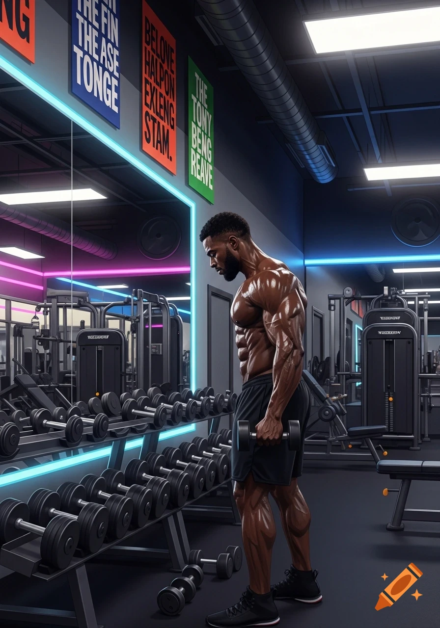 Muscular Black man in a modern gym with dumbbells and neon lights, looking at his reflection.