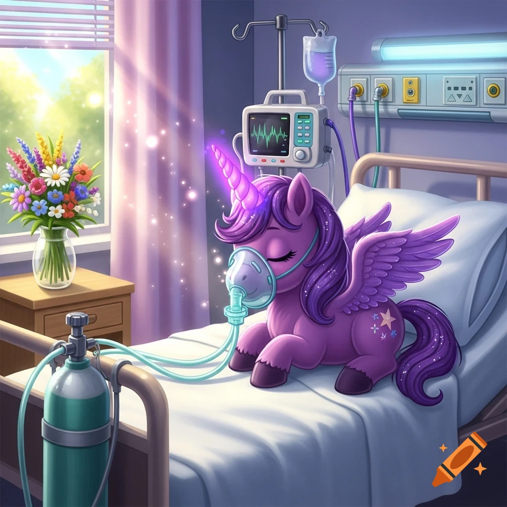 A cute cartoon purple unicorn with wings and a glowing horn lies on a hospital bed, wearing an oxygen mask. A monitor and IV drip are nearby, and a bouquet of flowers sits on a table by the window.