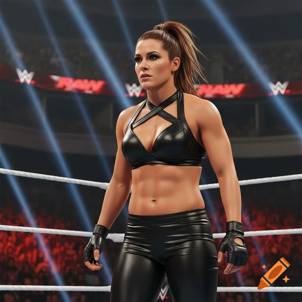 A female professional wrestler in a black leather top and pants, with a ponytail, stands in a wrestling ring under stadium lights.