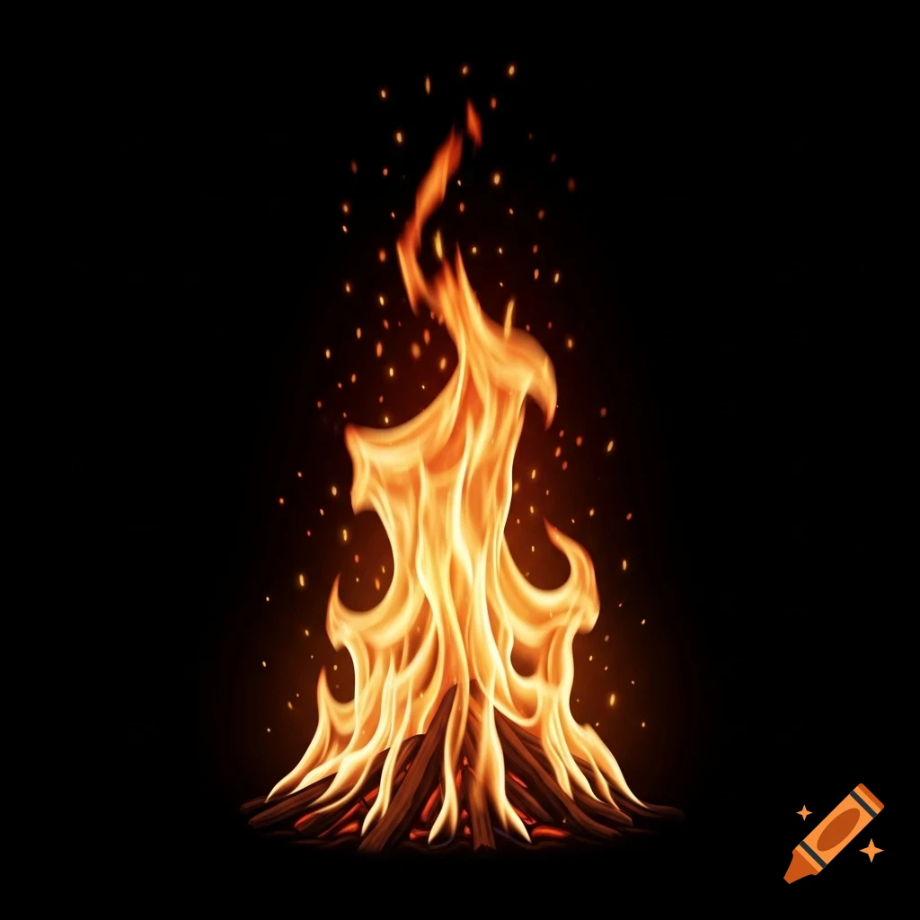 A realistic illustration of a burning campfire with orange and yellow flames and flying sparks against a dark black background.