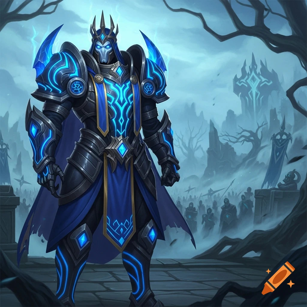 A fantasy warrior in ornate blue and black glowing armor stands in a misty, dark landscape with a castle in the background.