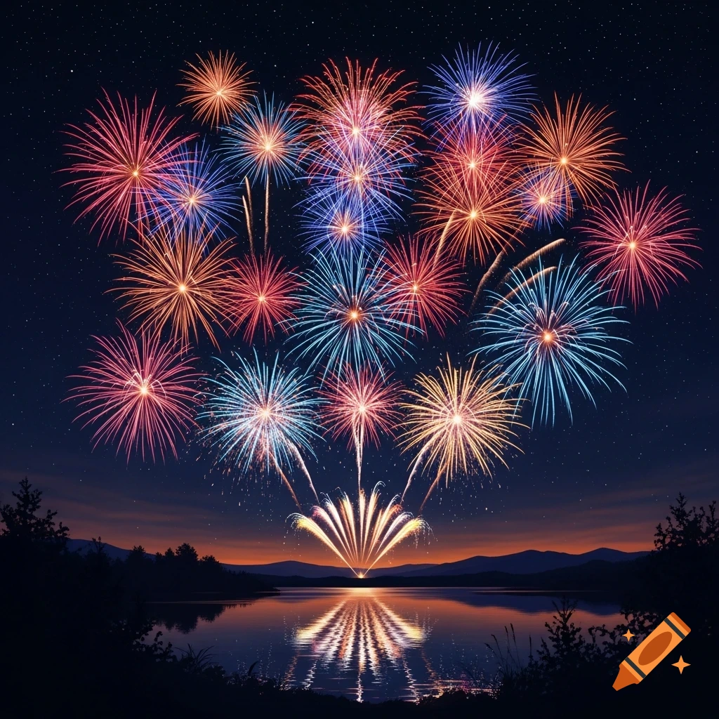 Colorful fireworks explode in a starry night sky over a calm lake with reflections.