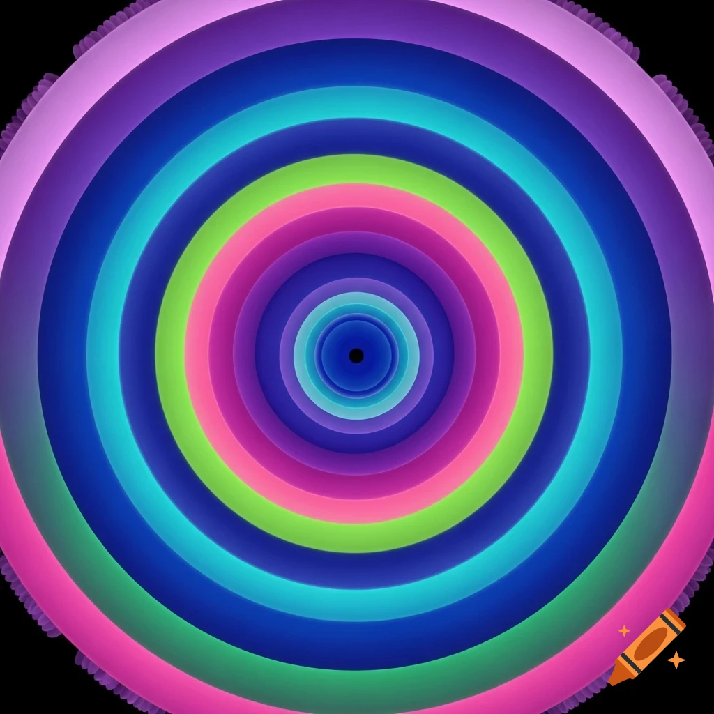 Concentric circles in vibrant pink, purple, blue, turquoise, and green hues, with a dark blue center, on a black background.