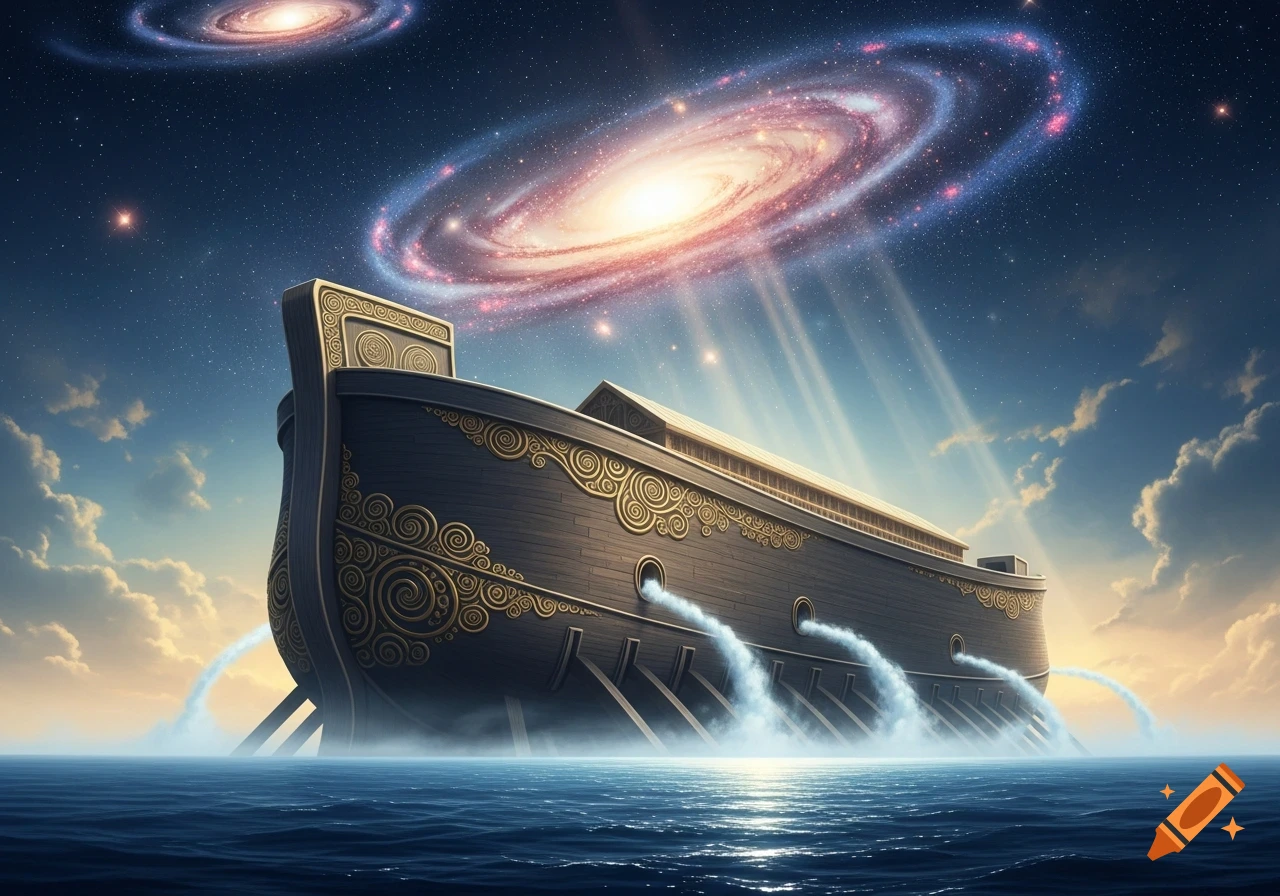 A grand, ornate ark-like ship floats on a calm ocean under a vast, star-filled sky with swirling galaxies and light beams.