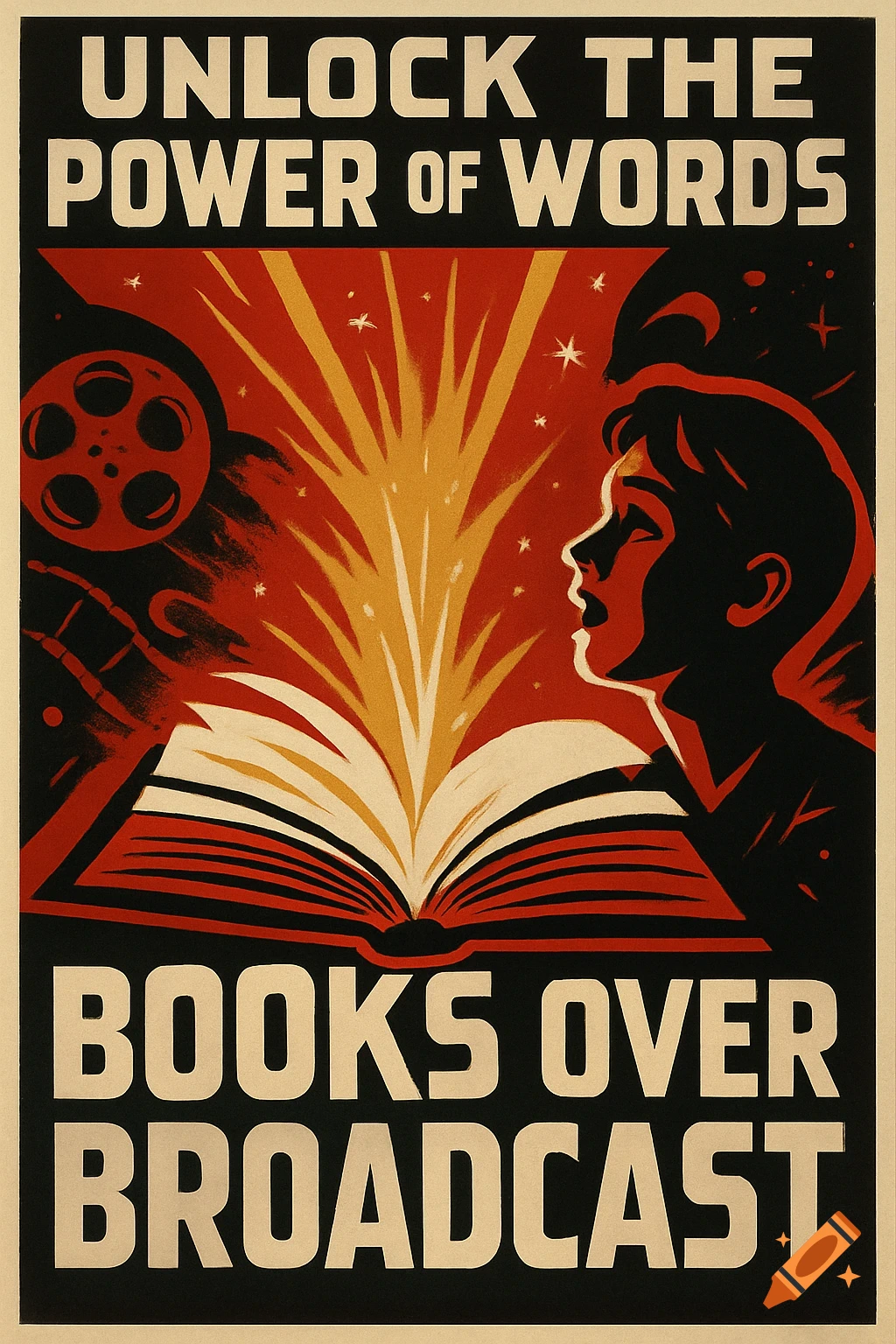 Propaganda-style poster featuring a person's silhouette looking at an open book with glowing pages, a film reel, and text 'Unlock The Power Of Words Books Over Broadcast'.