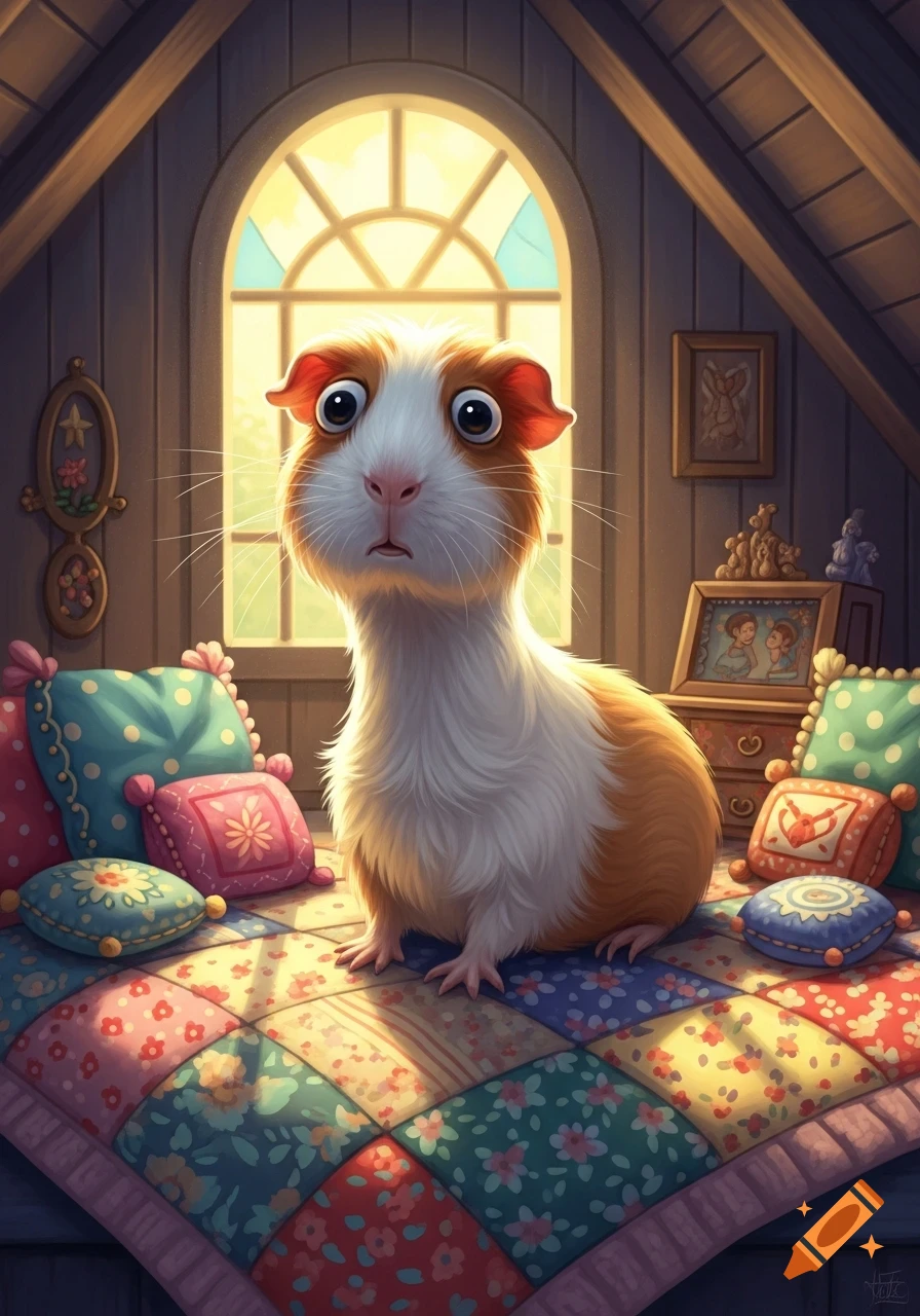 A cartoon guinea pig with wide eyes sits on a colorful quilt in a sunlit attic room filled with pillows.