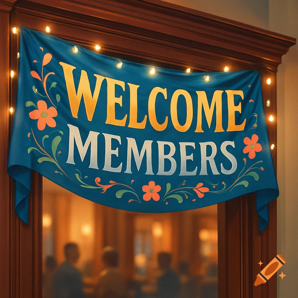 A blue banner with gold and white text 'WELCOME MEMBERS' hangs over a wooden doorway adorned with string lights, with blurred figures in the background.