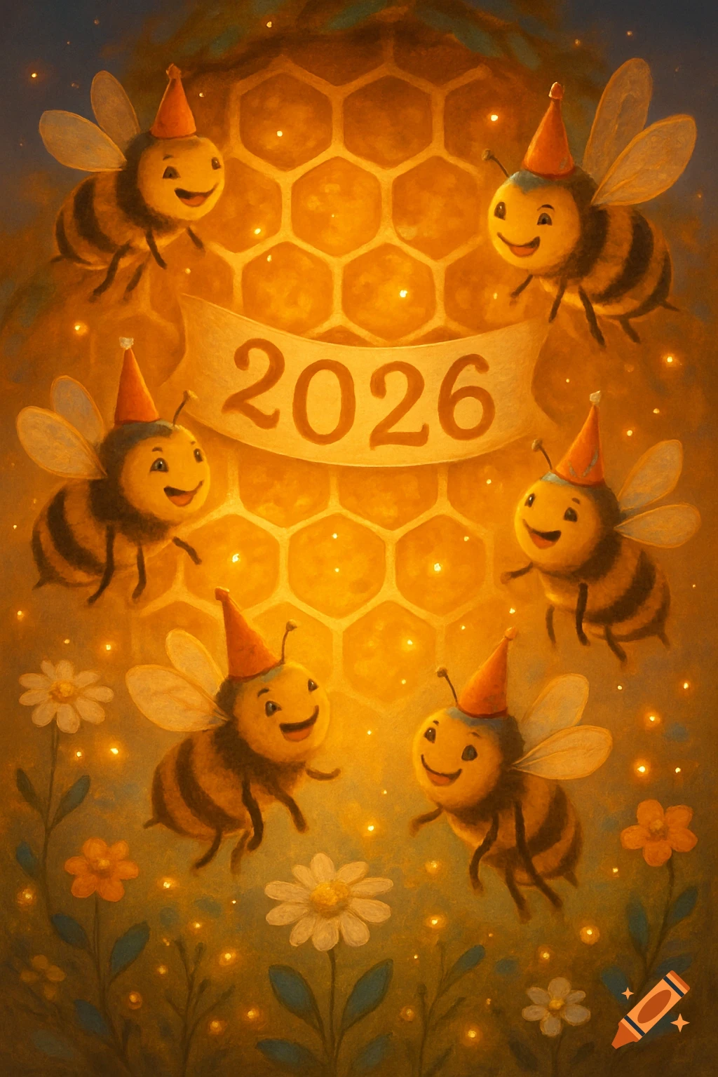 Six cartoon bees in party hats fly around a glowing honeycomb, celebrating 2026 amidst flowers.