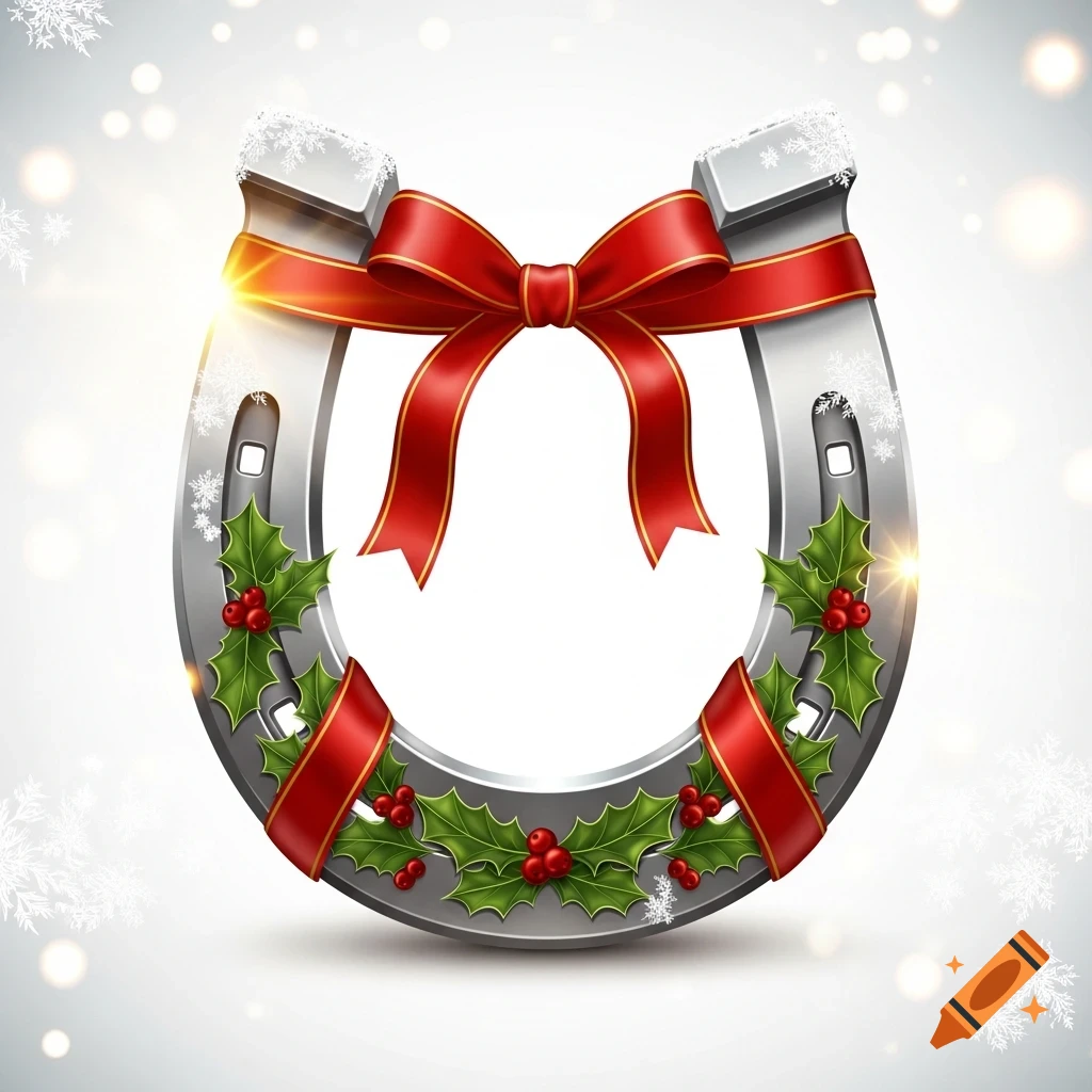 A silver horseshoe decorated with a red ribbon bow, holly, and red berries, set against a sparkly white background.