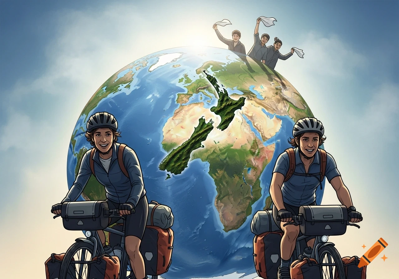 Illustrated scene with two smiling cyclists, a large globe showing New Zealand, and three people waving from the globe's top.
