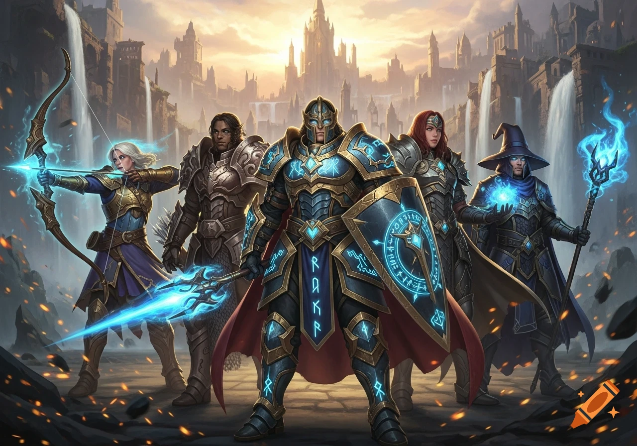 Five fantasy heroes in glowing armor and magical gear stand before a majestic city with waterfalls at sunset.
