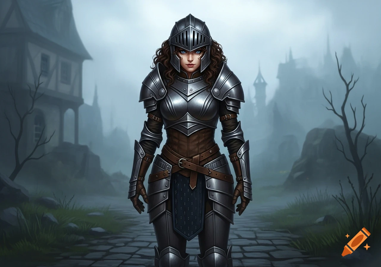 A female knight in shining full plate armor and a helmet stands on a cobblestone path in a misty, medieval village.