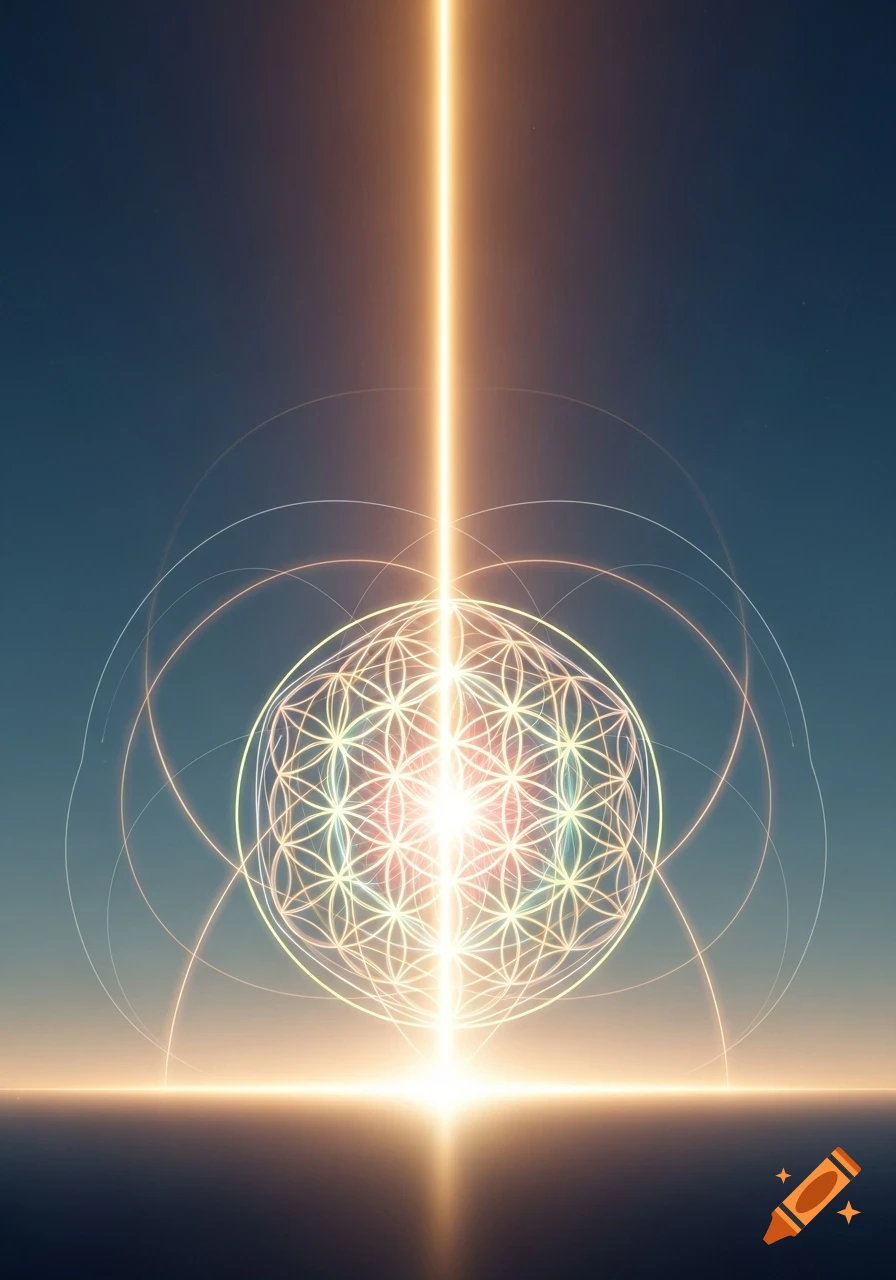 A glowing golden light beam illuminates a central geometric 'Flower of Life' symbol against a serene blue and dark abstract background.
