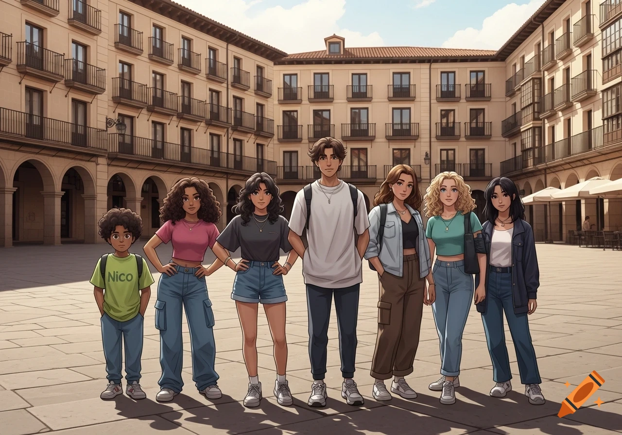A digital illustration of seven diverse teenagers standing in a line in a European-style stone plaza with historic buildings in the background.