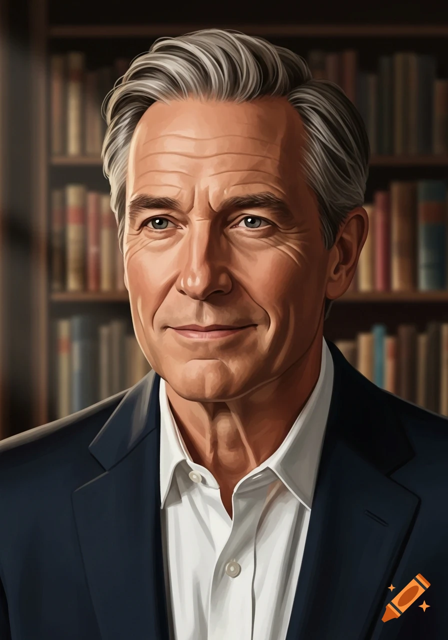 Digital art portrait of a smiling man with graying hair in a suit jacket and white shirt, against a bookshelf.
