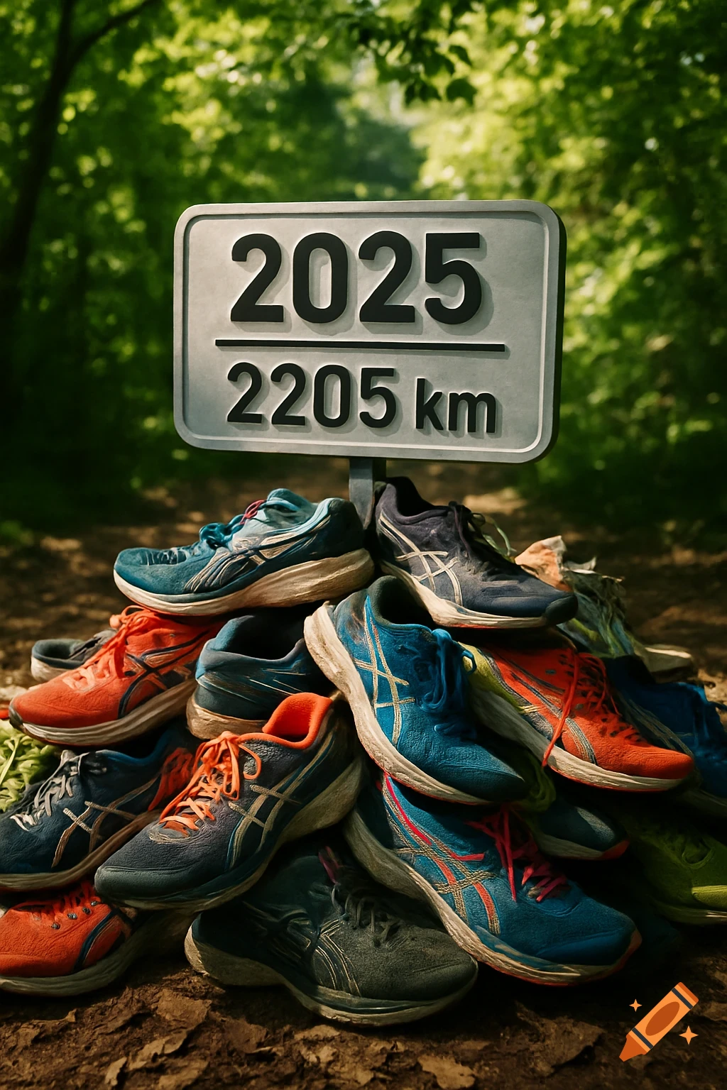 A road sign with '2025' and '2205 km' on a pile of colorful running shoes in a forest.