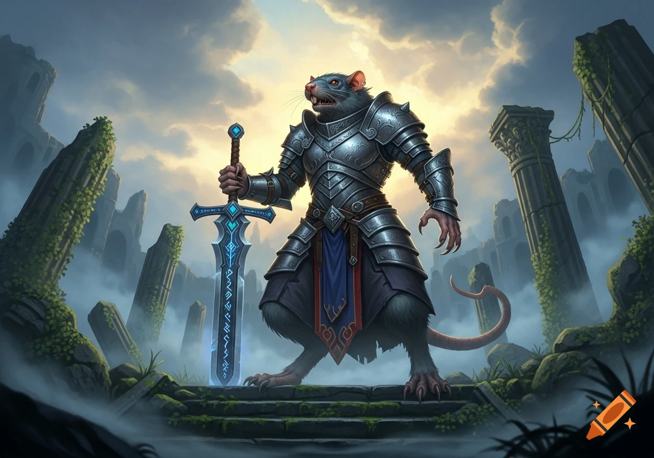 A wererat paladin in shining armor holds a glowing greatsword in a misty, ruined landscape under a dramatic sky.