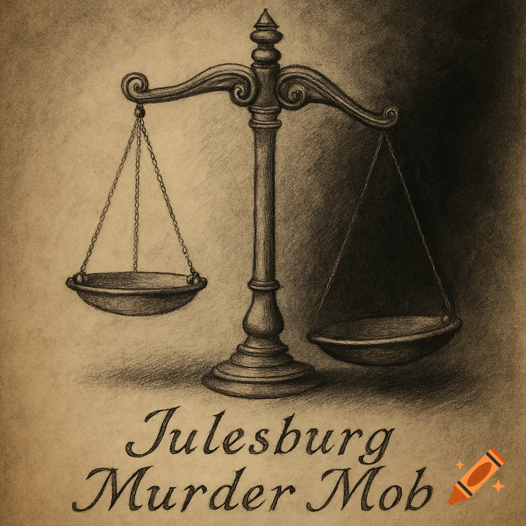 A charcoal drawing of scales of justice, one side lower than the other, with text 'Julesburg Murder Mob' below.