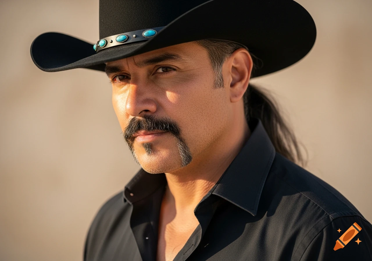 A close-up portrait of an attractive Hispanic man with a ponytail, mustache, and goatee, wearing a black cowboy hat with turquoise accents and a black shirt.