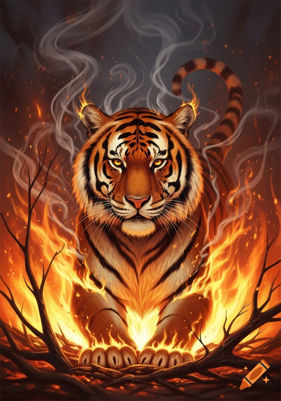 A dramatic digital art image of a majestic tiger with glowing eyes, surrounded by bright flames and smoke with dark branches.
