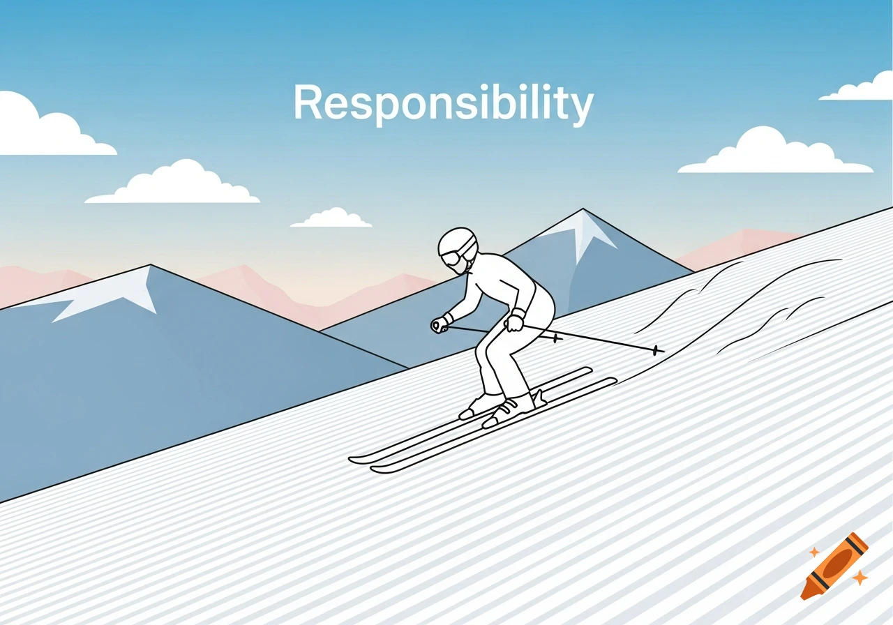 A simple clipart illustration of a person skiing down a snowy mountain slope. The word "Responsibility" is written above.