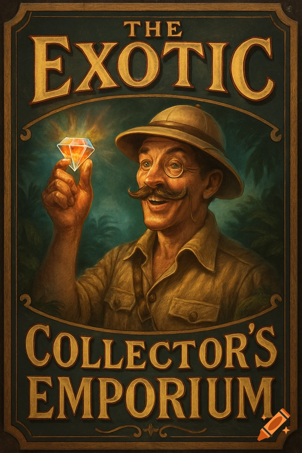 Vintage sign: 'The Exotic Collector's Emporium'. Smiling explorer with monocle, mustache, safari hat, holds a glowing gemstone.