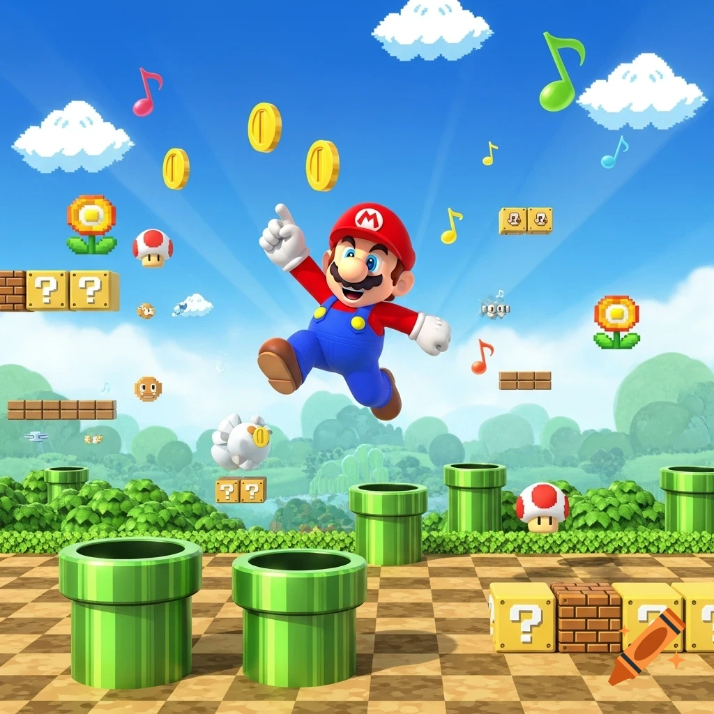 Mario jumping in a classic Super Mario Bros. level with pipes, question blocks, coins, and Goomba.