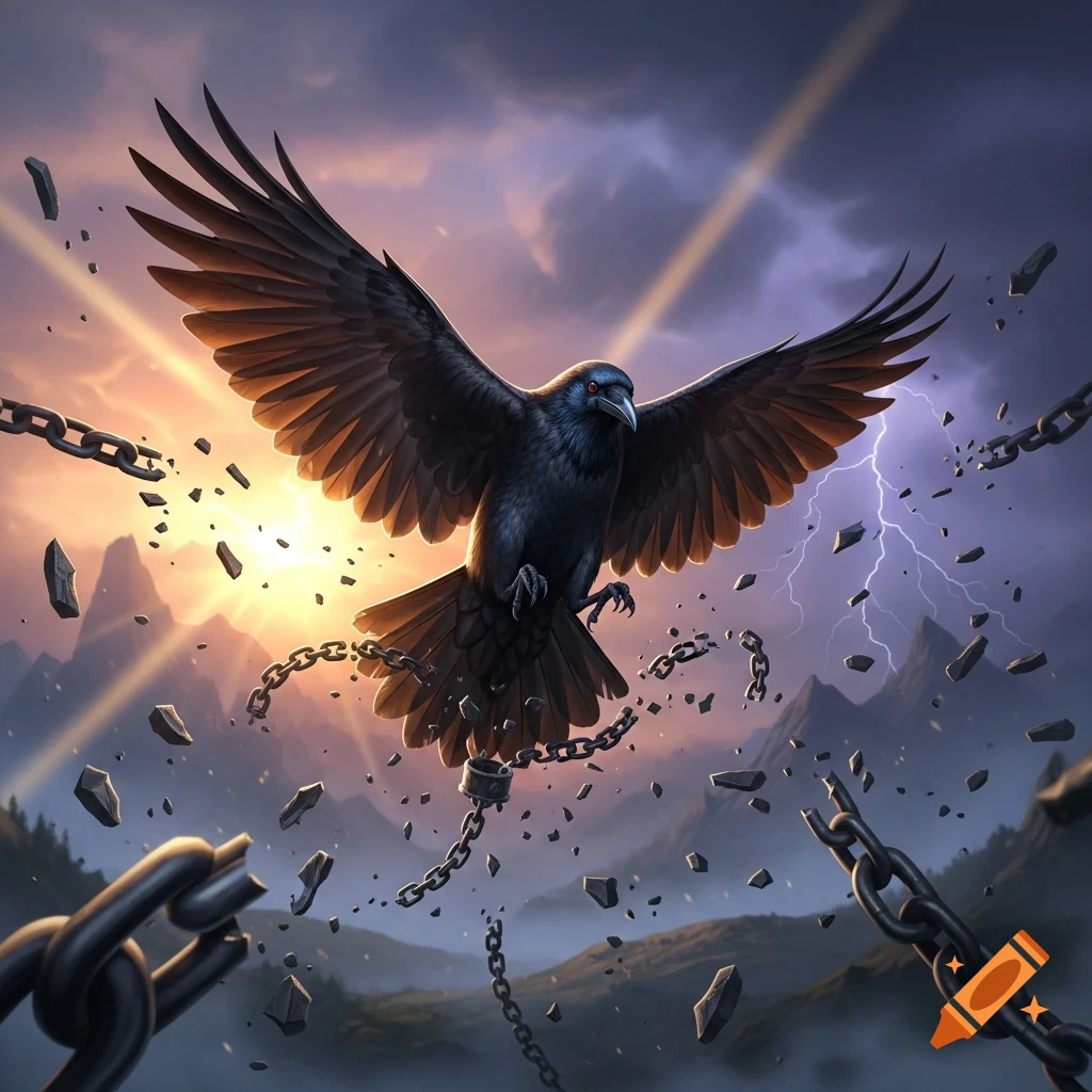 A majestic black crow breaks free from chains, flying against a dramatic sky with lightning and sunset light over mountains.