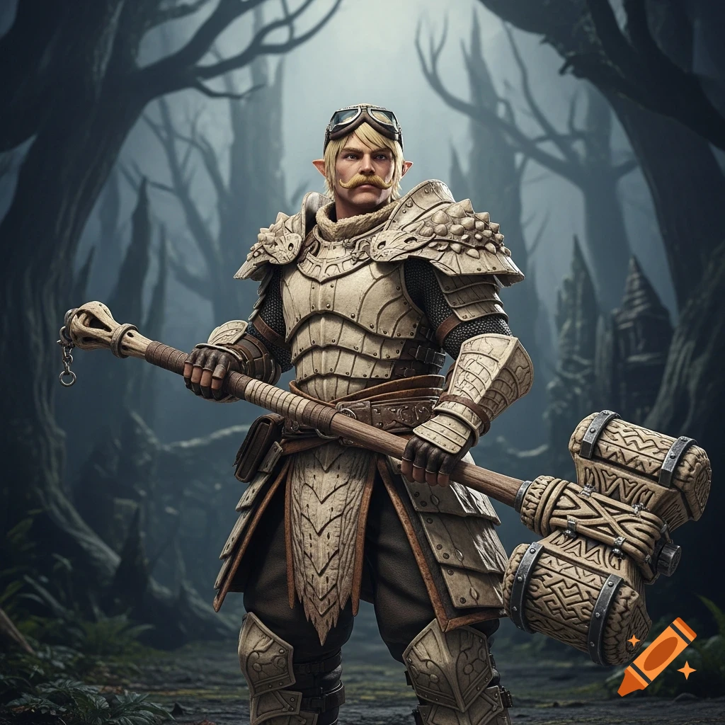 A muscular, blond, mustachioed fantasy warrior with pointy ears and goggles, wearing bone-like armor, stands in a dark forest holding a large ornate hammer. Stylized render.