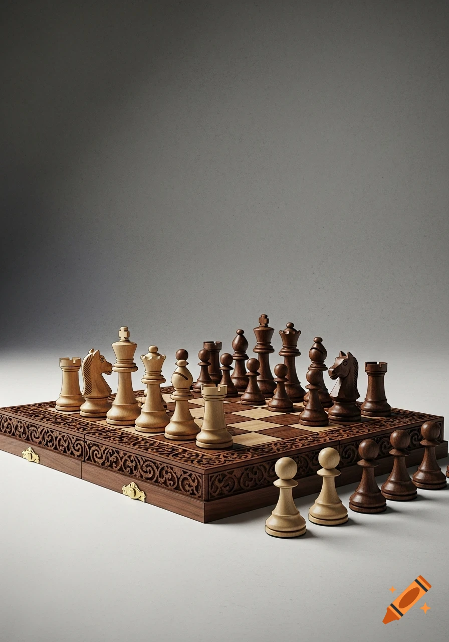 Detailed wooden chess set with pieces arranged on a carved board against a grey background.