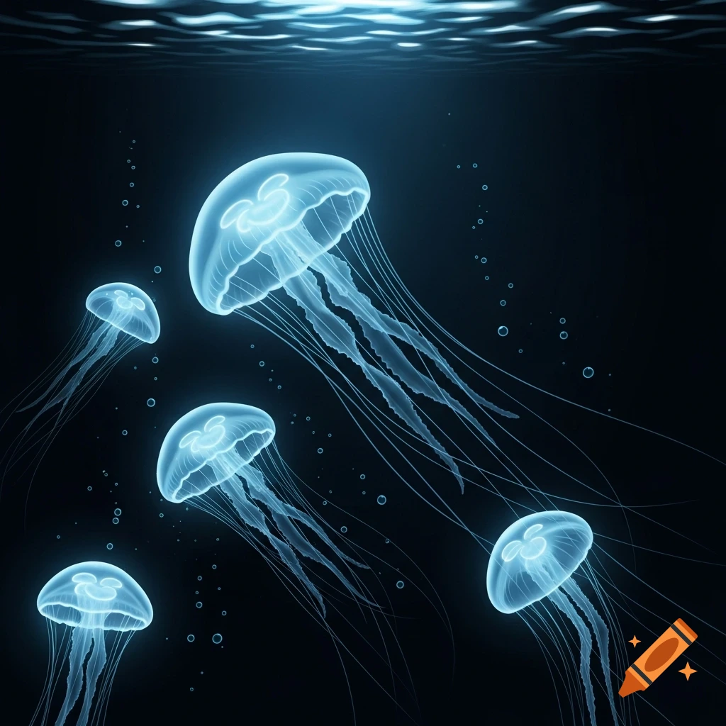 Multiple luminous blue jellyfish float in dark ocean water, with subtle light ripples reflecting from the surface.