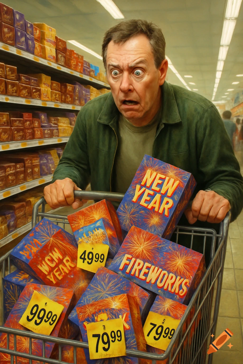 A man in a supermarket looks shocked while pushing a shopping cart full of expensive New Year's Eve fireworks.