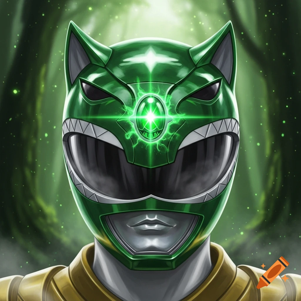 Close-up of a green wolf Power Ranger helmet with a glowing green jewel.