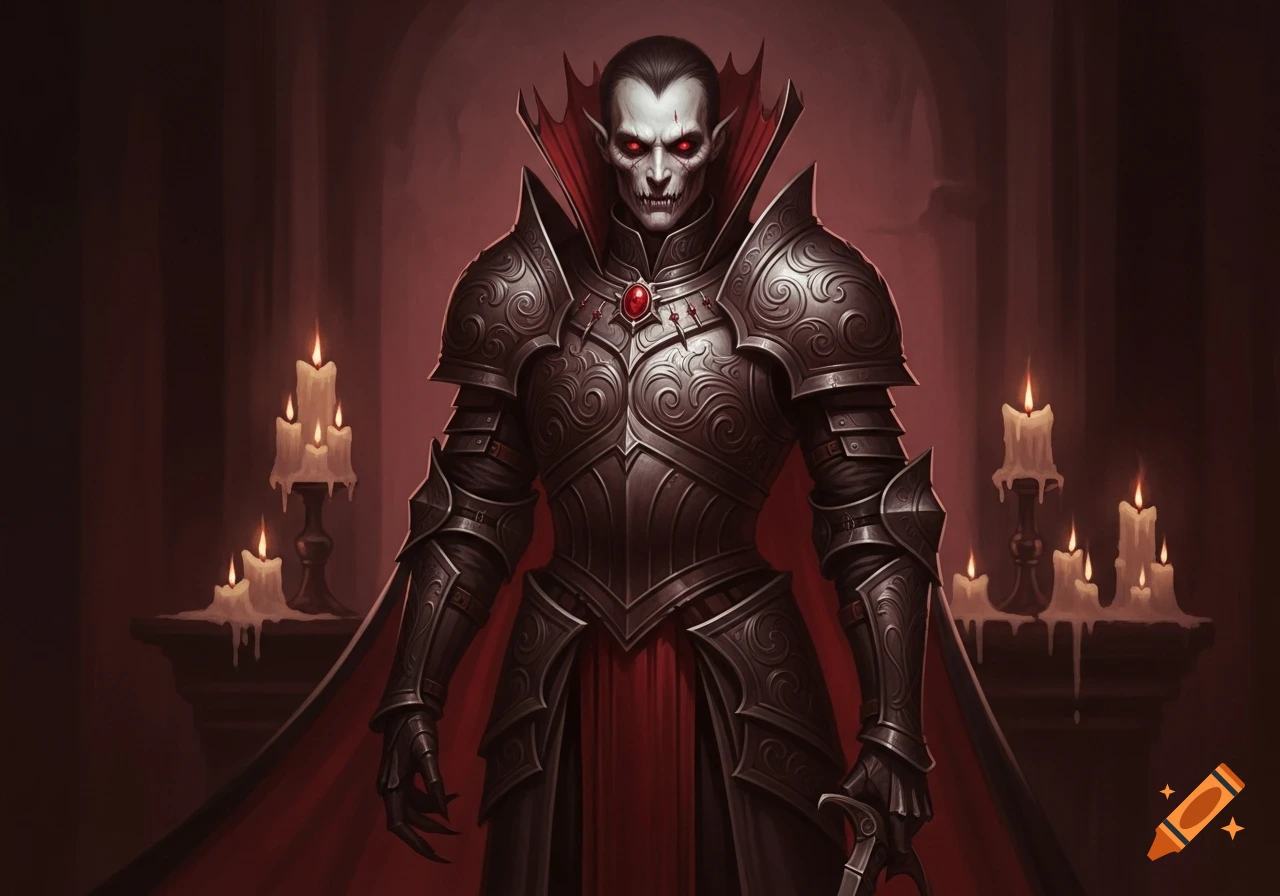 A formidable pale vampire with glowing red eyes, sharp teeth, and pointed ears, wearing ornate dark gothic armor and a red cape, stands in a candlelit chamber.