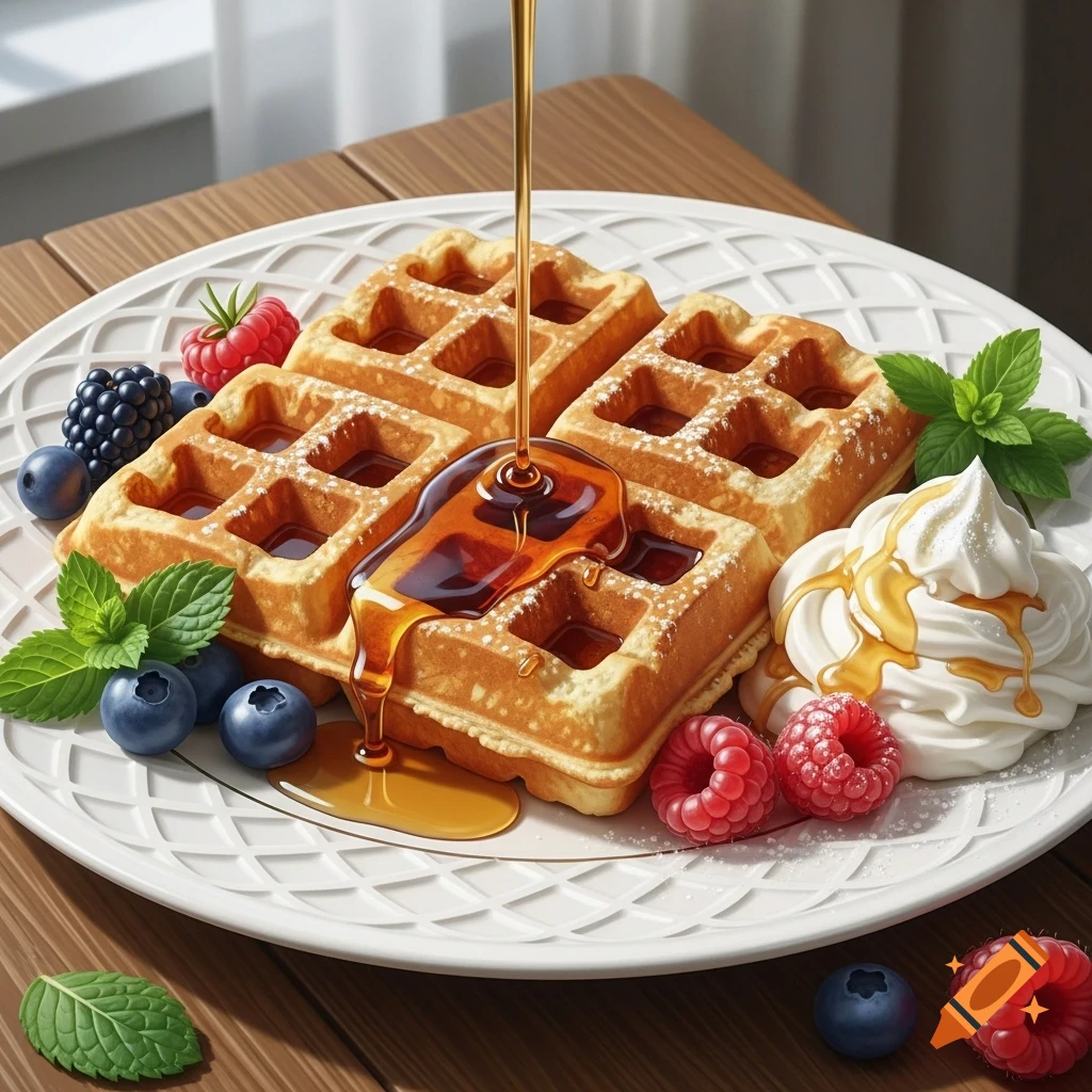 Photorealistic image of golden waffles topped with syrup, fresh berries, mint, and whipped cream on a white plate.