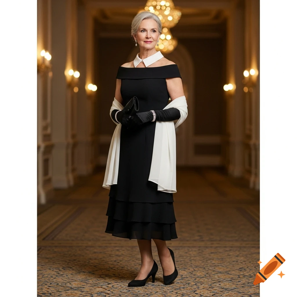 Elegant older woman in a black off-the-shoulder dress with white collar, long black gloves, white stole, and black heels in a formal hall.
