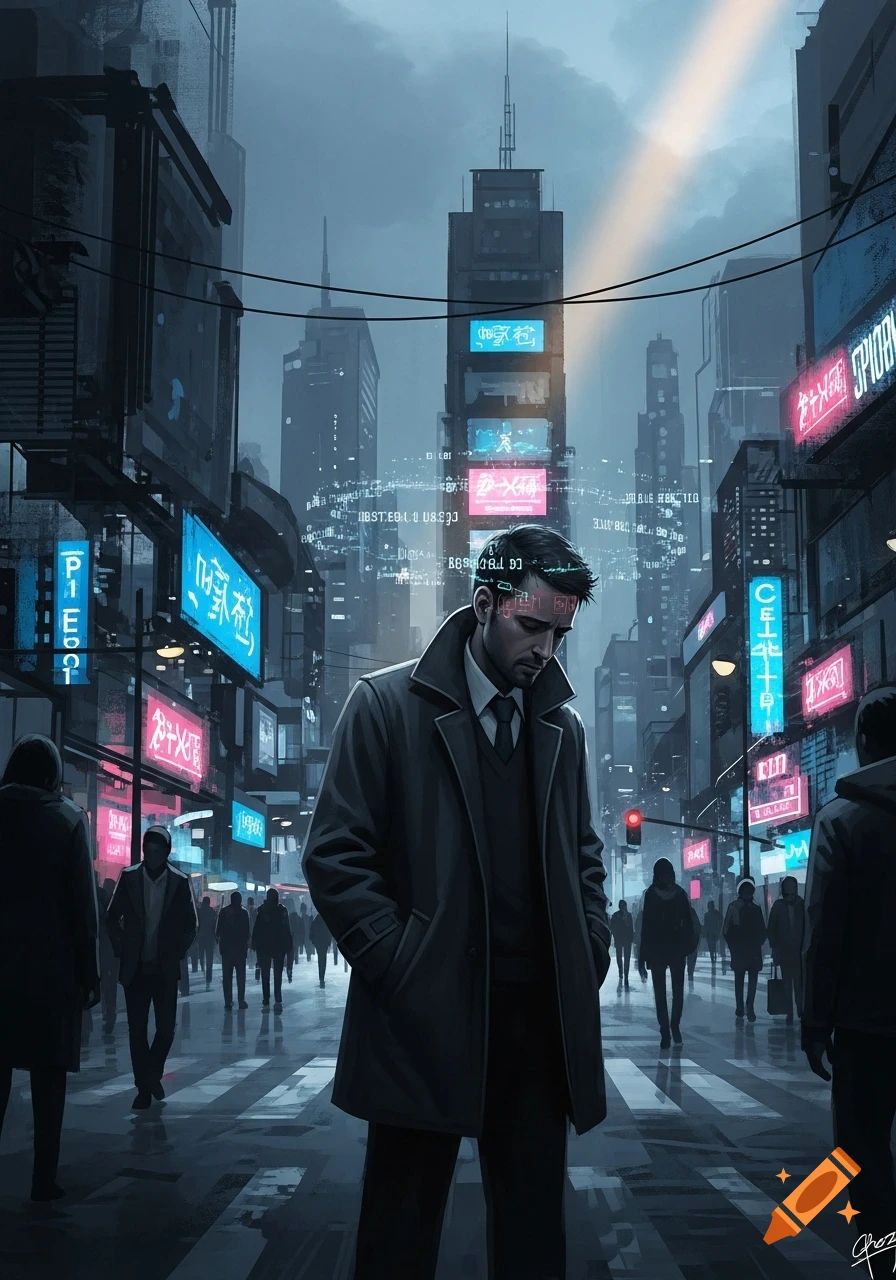 A man in a trench coat stands dejectedly on a dark, rain-slicked cyberpunk street with neon signs and digital data streams floating around him and buildings.