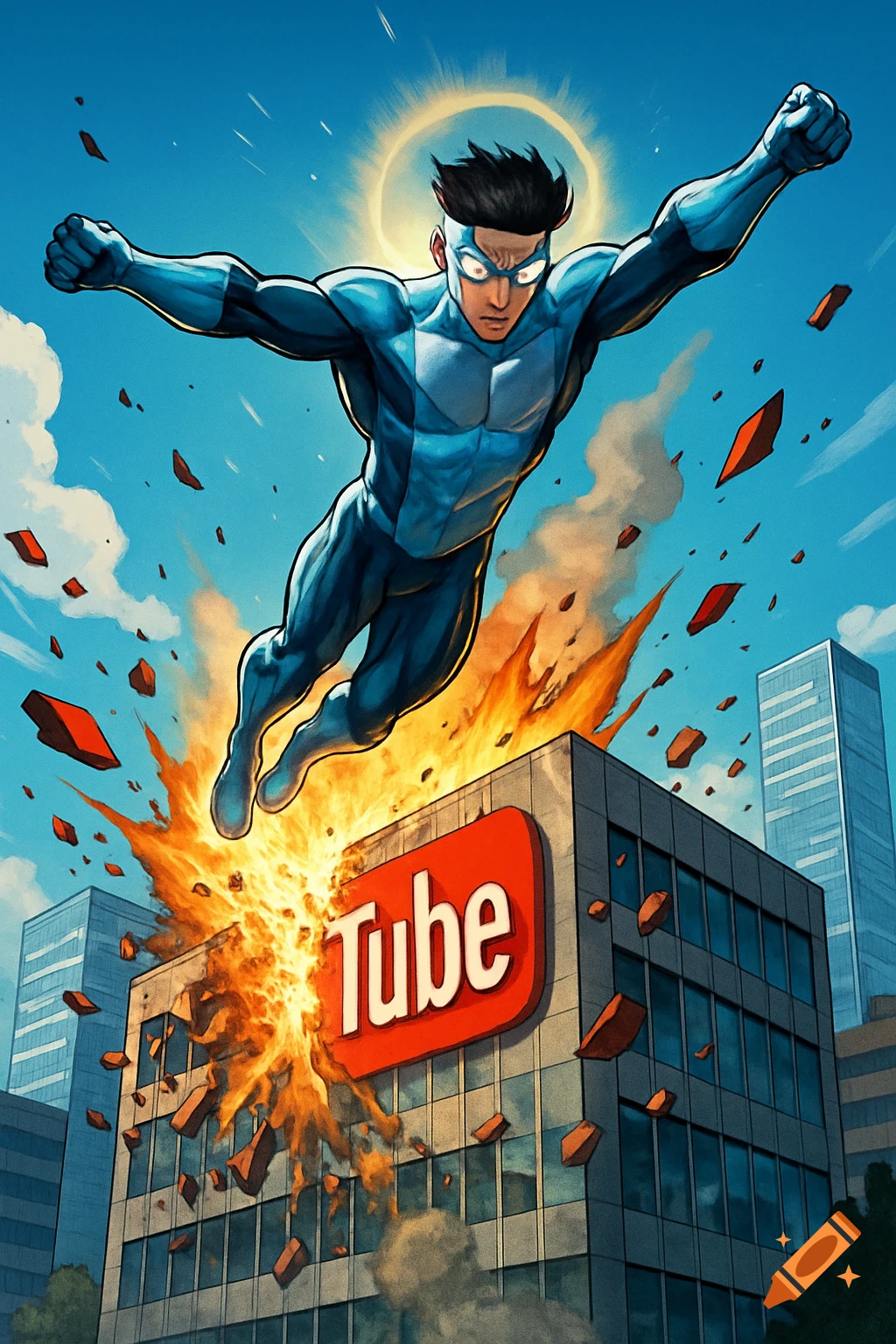 Invincible superhero flies, creating an explosion on a building with the YouTube logo. Dynamic comic book art style.
