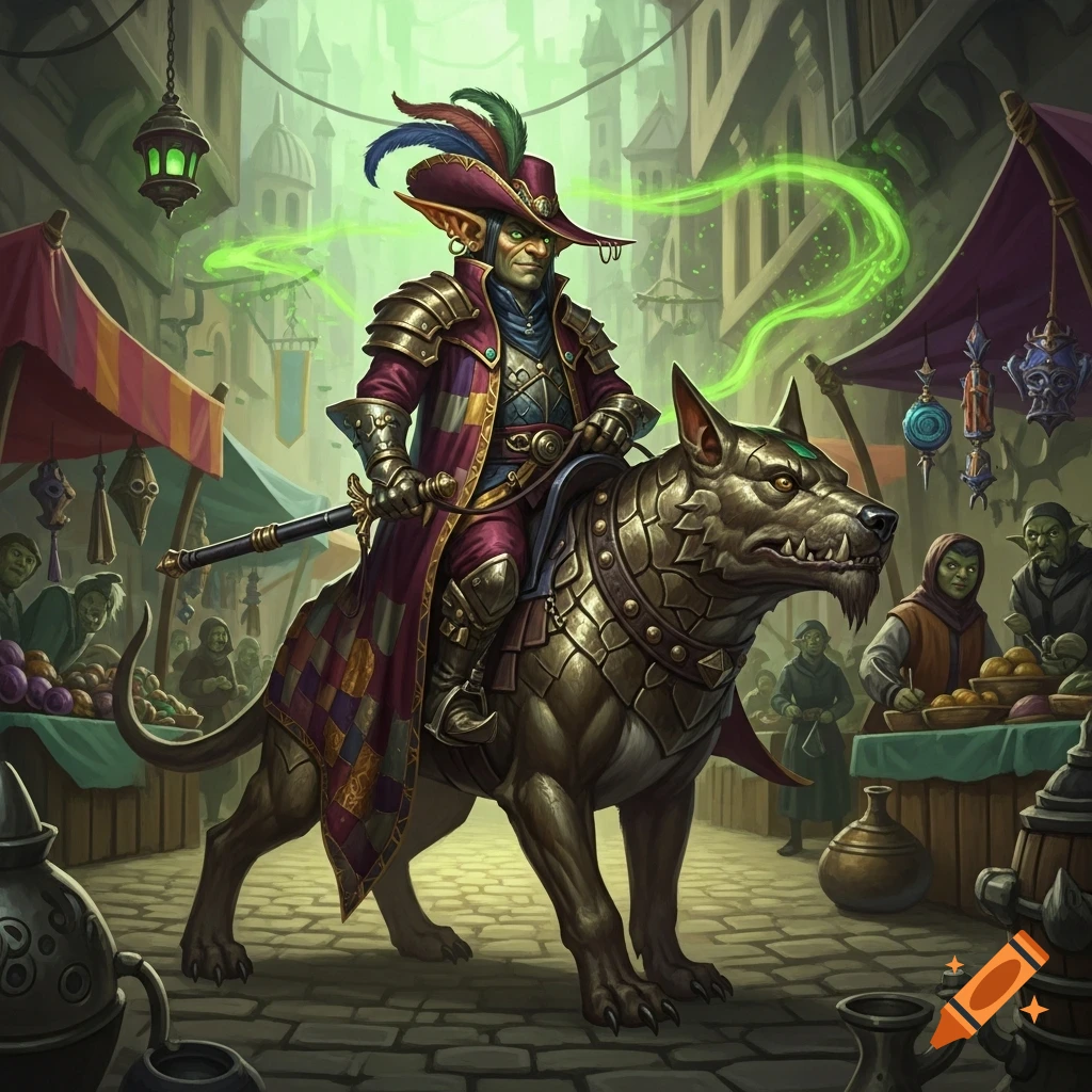 A goblin diplomat in ornate armor and a feathered hat rides a large, armored goblin dog through a bustling, green-hued fantasy market.