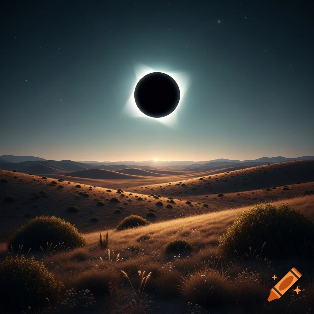 A stunning photorealistic total solar eclipse over a vast, golden steppe landscape with rolling hills.