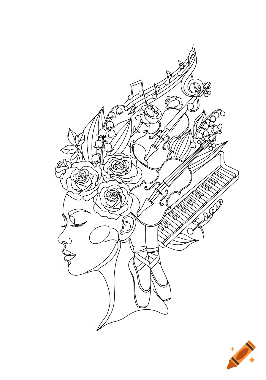 Single line art drawing of a woman's profile with roses, lilies, a violin, piano, ballet shoes, musical notes, and a treble clef emerging from her head.